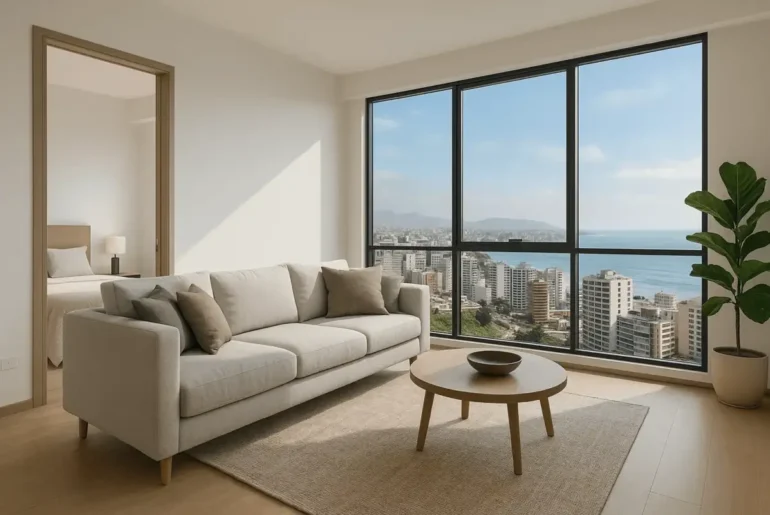 Sala moderna en departamentos de 2 vs 3 dormitorios en Lima, con vista panorámica al mar y la ciudad.