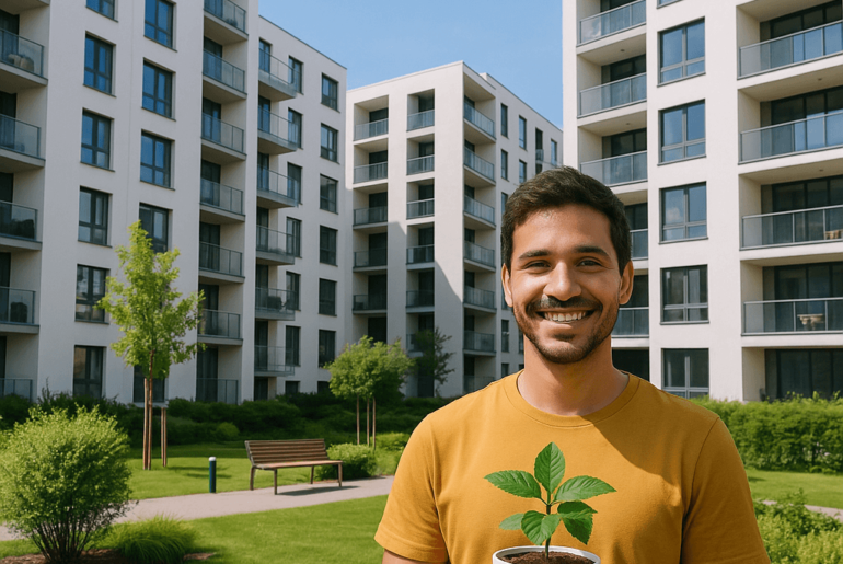 Joven sonriendo sostiene una maceta con planta frente a modernos edificios residenciales con áreas verdes, reflejando sostenibilidad y estilo de vida ecoamigable. Por qué elegir el Bono MiVivienda Verd