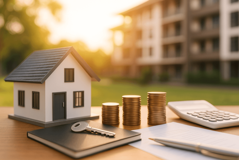 Modelo de casa junto a monedas, llaves y una calculadora sobre una mesa, simbolizando el financiamiento inmobiliario y la compra de departamentos en Perú.