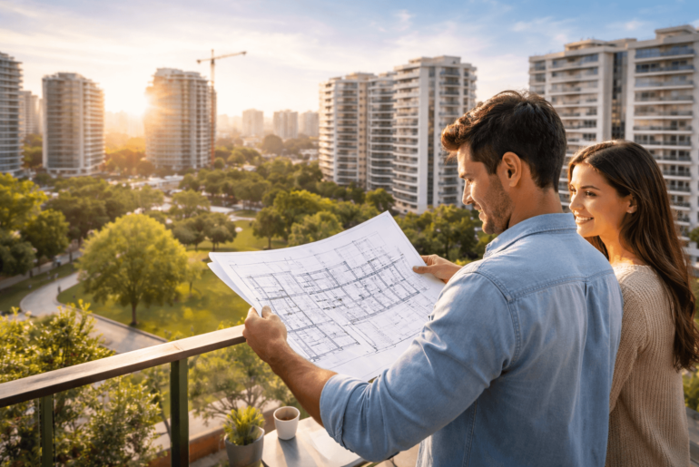 Pareja evaluando planos de un departamento nuevo con vista a una zona urbana en crecimiento, concepto de plusvalía proyectada antes de comprar vivienda en Perú.