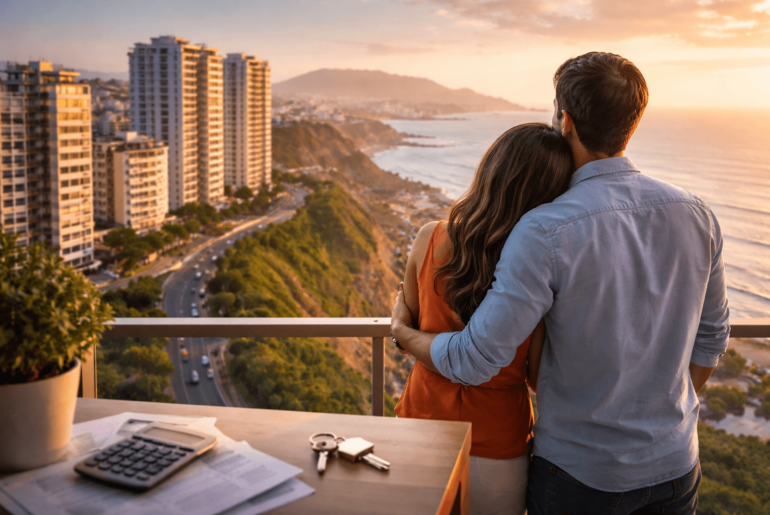 Pareja observando la ciudad de Lima desde el balcón de su nuevo departamento, reflejando el impacto de las tasas de interés hipotecario en la compra de vivienda en Perú en 2026.