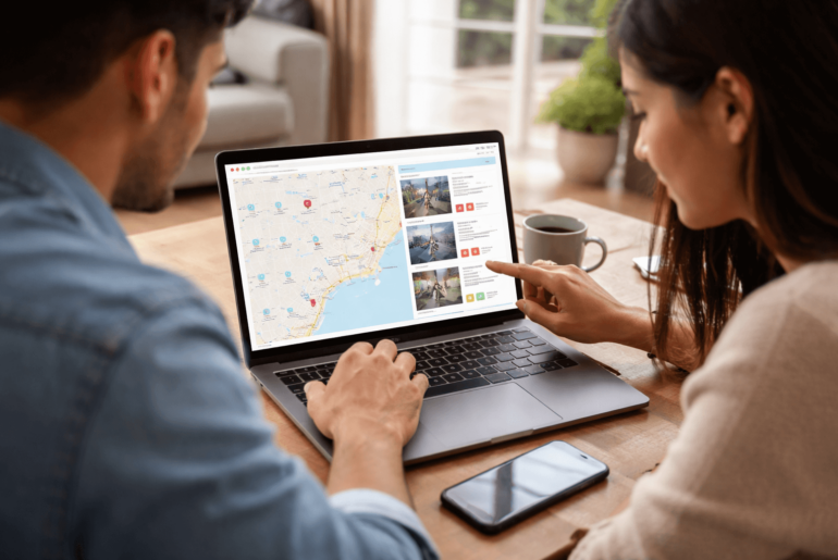Pareja comparando propiedades online en Perú antes de comprar un departamento nuevo